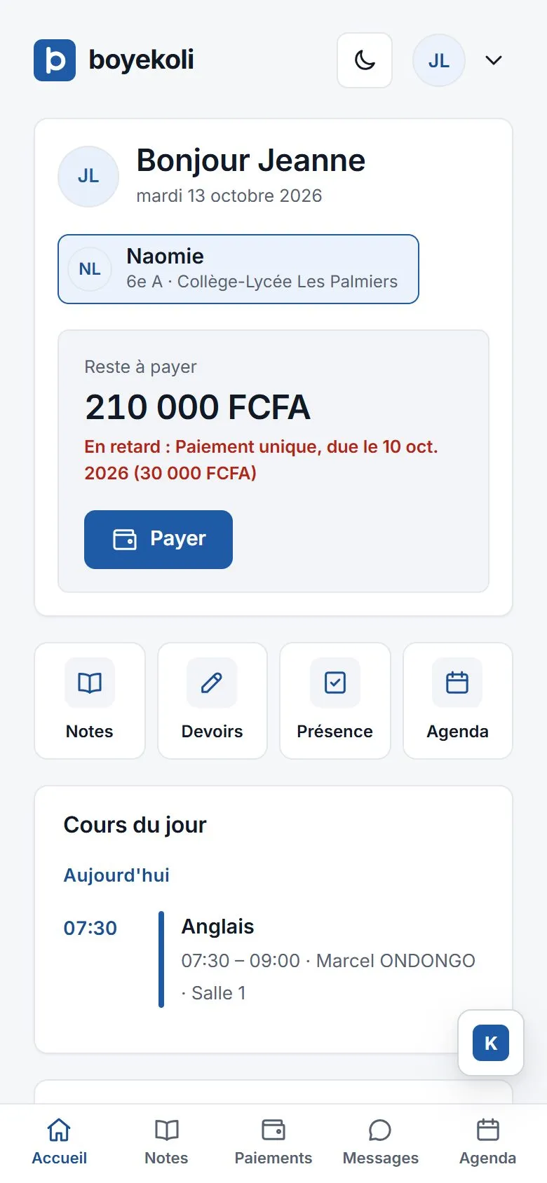 Accueil de l'espace parent Boyekoli sur téléphone